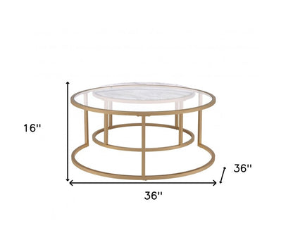 Set of Two Clear White and Gold Glass And Faux Marble And Iron Round Frame Nested Coffee Tables