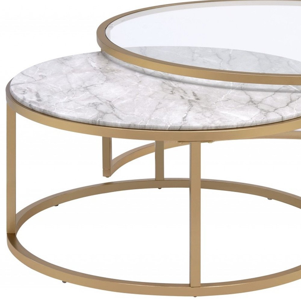 Set of Two Clear White and Gold Glass And Faux Marble And Iron Round Frame Nested Coffee Tables
