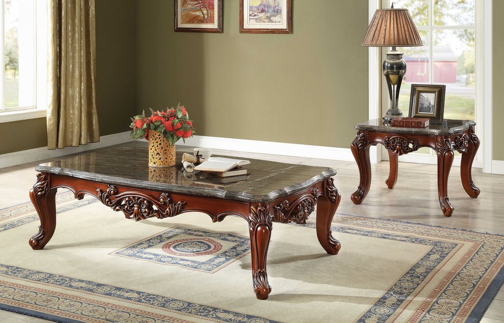 40" Dark Brown and Merlot Genuine Marble And Solid Wood Coffee Table