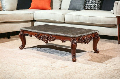 36" Gray and Brown Genuine Marble And Solid Wood Coffee Table