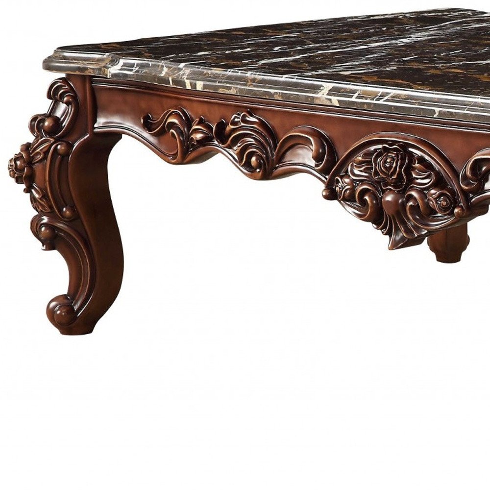 40" Dark Brown and Merlot Genuine Marble And Solid Wood Coffee Table