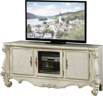 74" Off White Wood And Glass Carved Scrollwork Entertainment Center