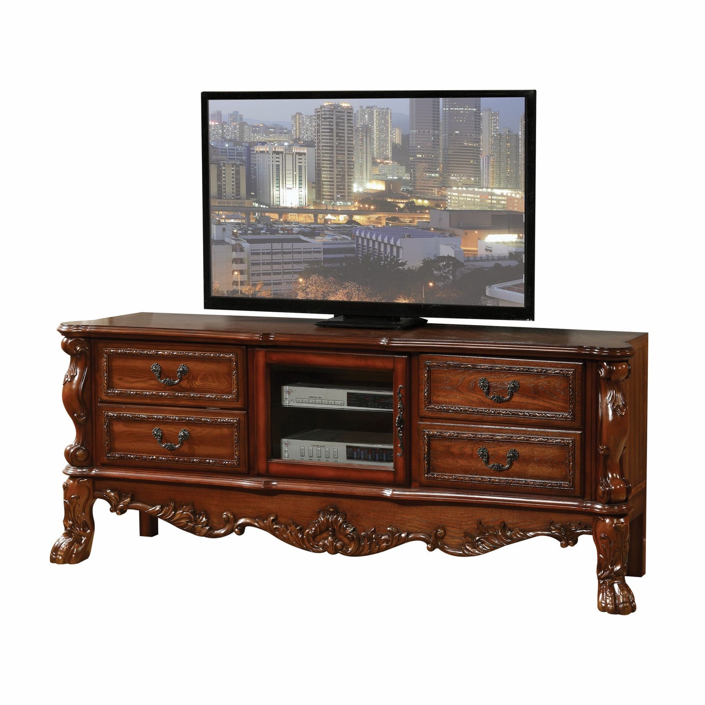 19" X 79" X 31" Cherry Oak Wood Poly Resin Glass Tv Console