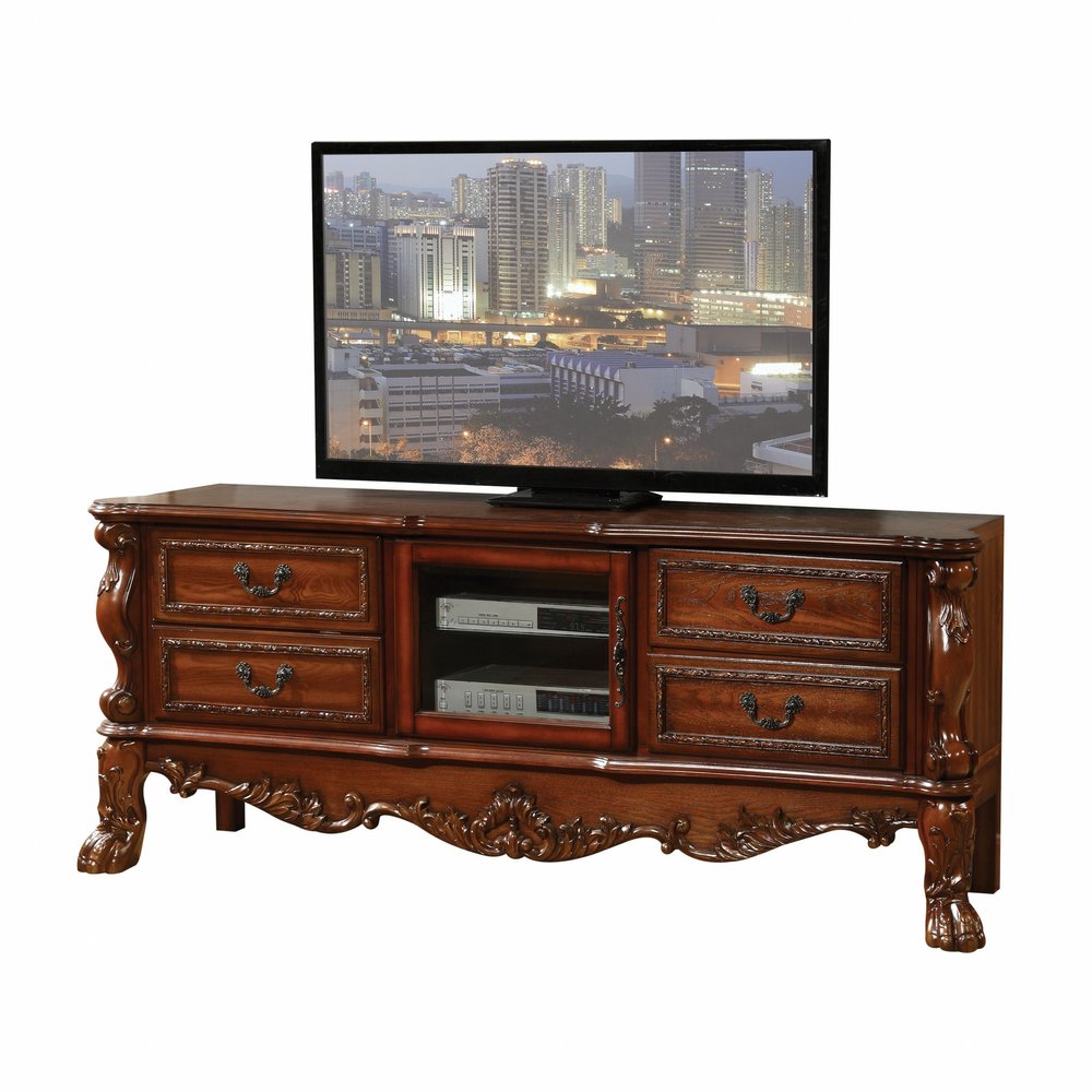 74" Off White Wood And Glass Carved Scrollwork Entertainment Center
