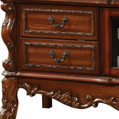 74" Off White Carved Scrollwork Glass And Solid and Manufactured Wood Enclosed and Open Storage Entertainment Center
