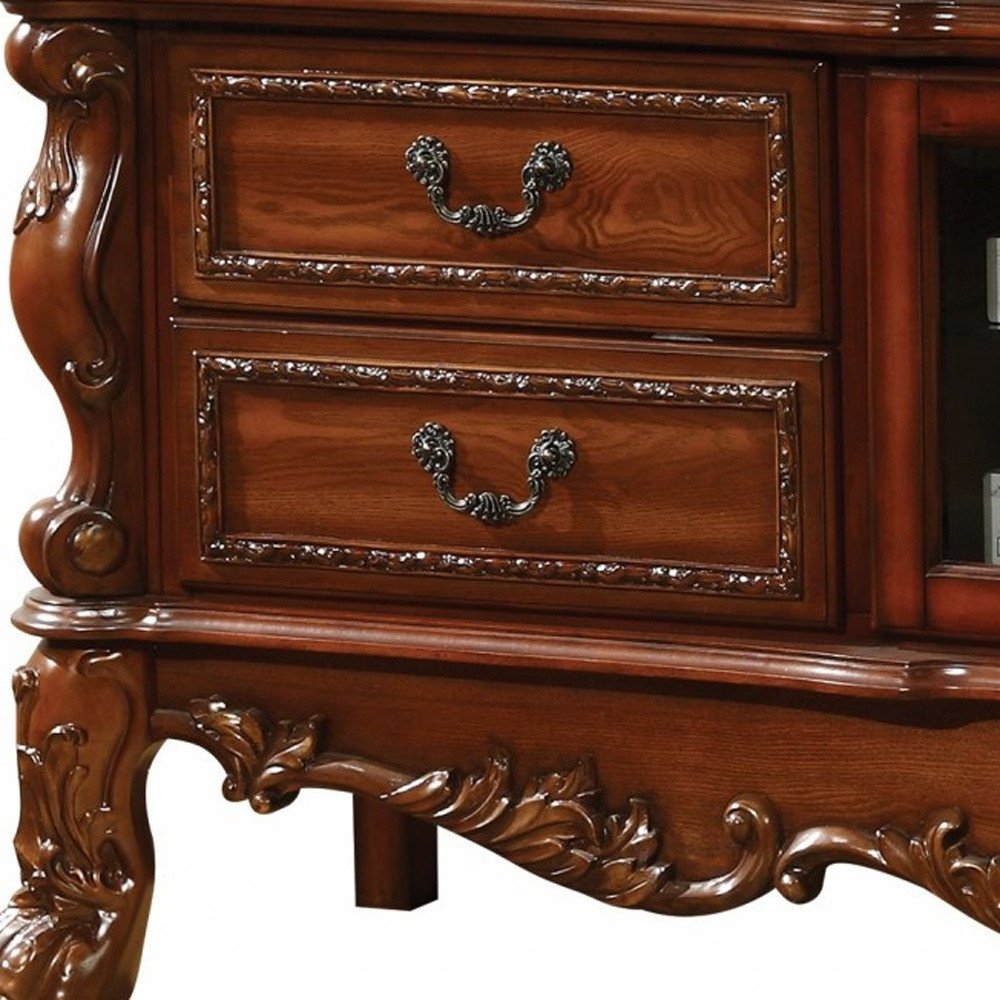 74" Off White Wood And Glass Carved Scrollwork Entertainment Center