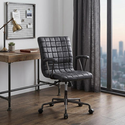 24" X 25" X 36" Vintage Black Top Grain Leather Aluminum Metal Upholstered (Seat) Casters Engineered Wood Executive Office Chair