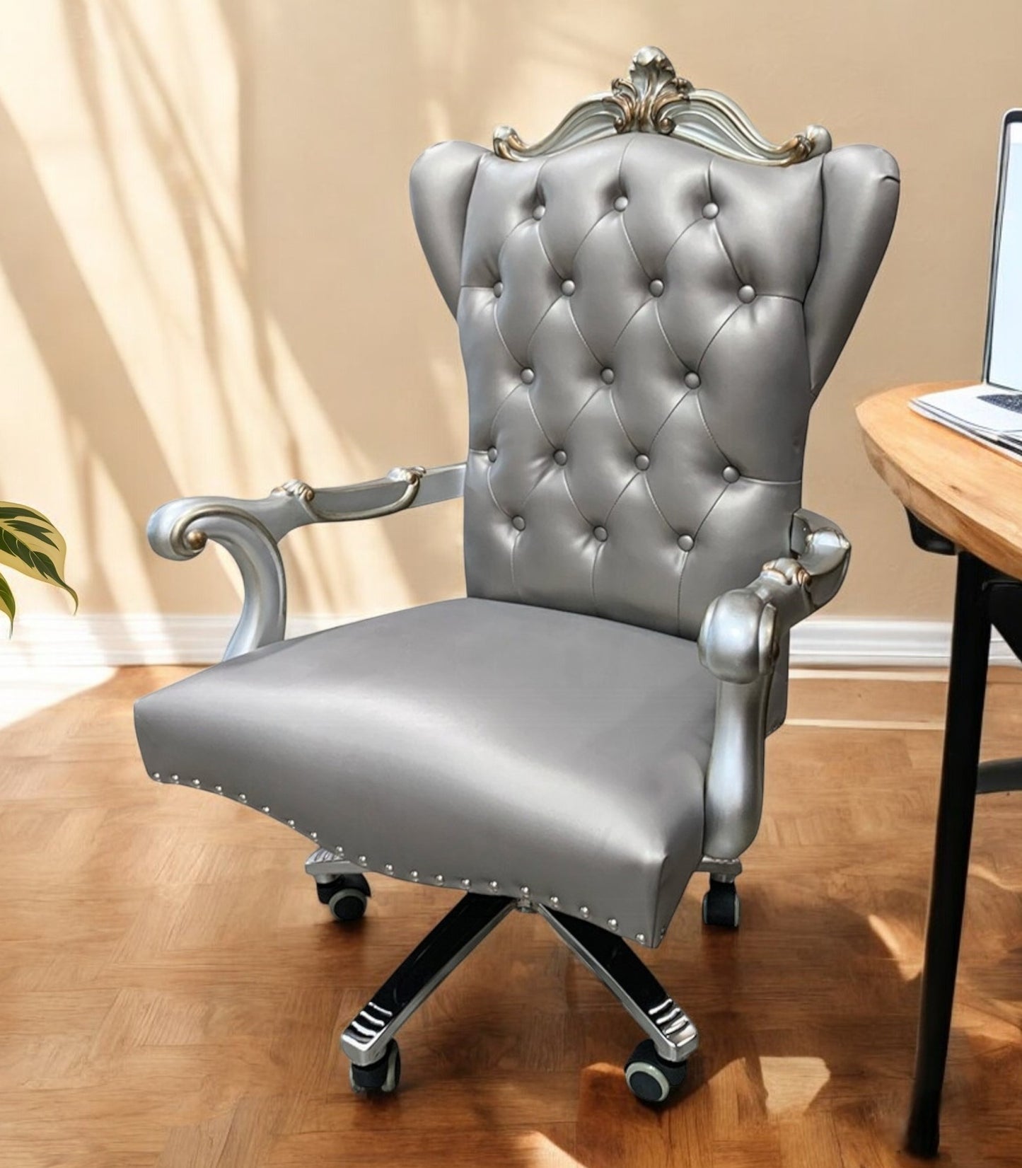 Gray Faux Leather Tufted Seat Swivel Adjustable Executive Chair Leather Back