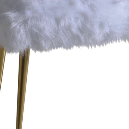 38" White And Gold Faux Fur And Steel Upholstered Bench