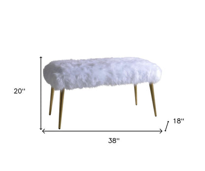 38" White And Gold Faux Fur And Steel Upholstered Bench
