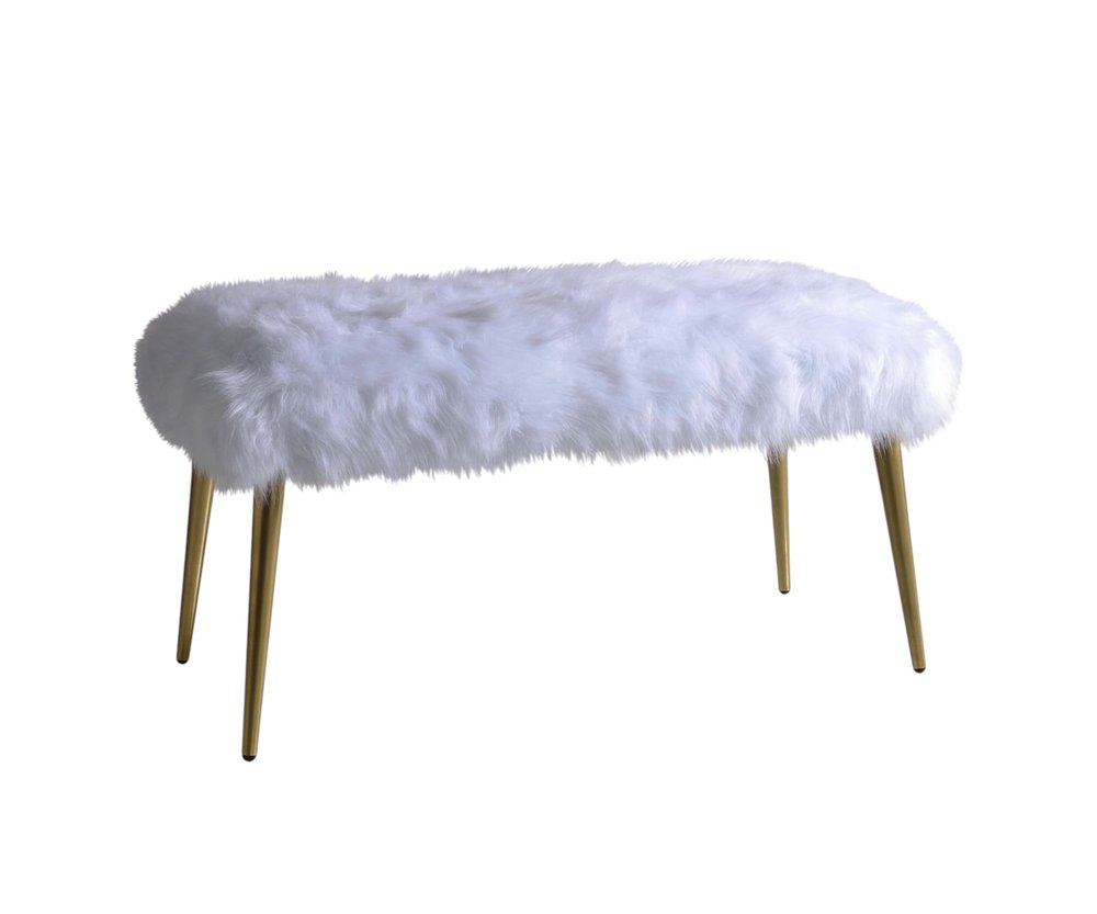 38" White And Gold Faux Fur And Steel Upholstered Bench