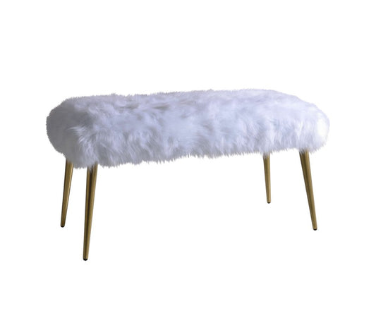 38" White And Gold Faux Fur And Steel Upholstered Bench