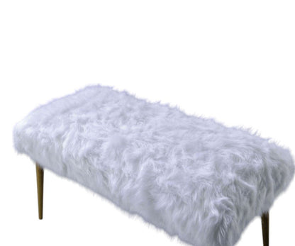 38" White And Gold Faux Fur And Steel Upholstered Bench