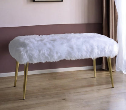 38" White And Gold Faux Fur And Steel Upholstered Bench