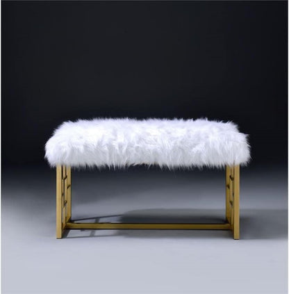 38" White And Gold Faux Fur And Steel Upholstered Bench