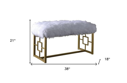 38" White And Gold Faux Fur And Steel Upholstered Bench