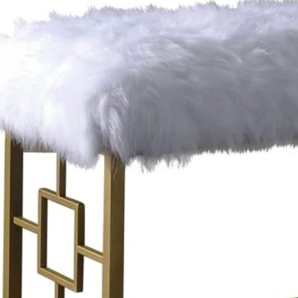 38" White And Gold Faux Fur And Steel Upholstered Bench