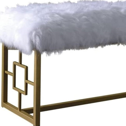18" White and Gold Faux Fur And Metal Bench
