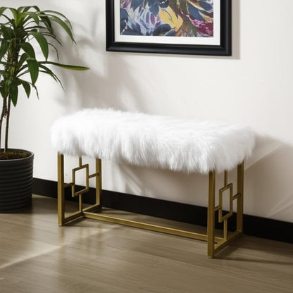 38" White And Gold Faux Fur And Steel Upholstered Bench