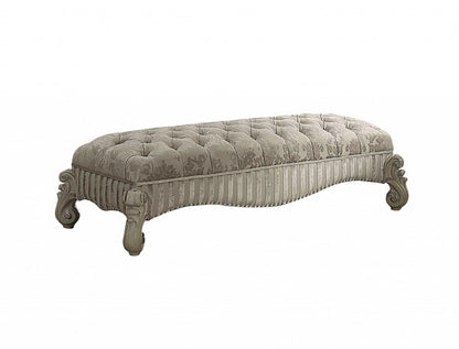 65" Ivory And Bone Tufted Damask Fabric Polyresin And Solid Wood Upholstered Bench