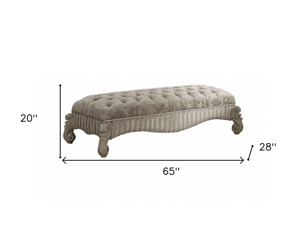 65" Ivory And Bone Tufted Damask Fabric Polyresin And Solid Wood Upholstered Bench