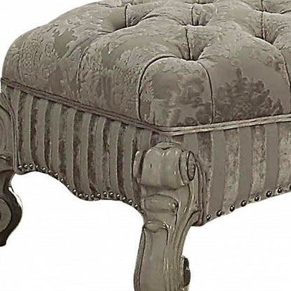 65" Ivory And Bone Tufted Damask Fabric Polyresin And Solid Wood Upholstered Bench