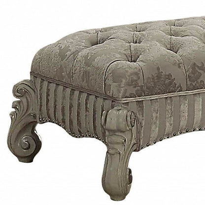 65" Ivory And Bone Tufted Damask Fabric Polyresin And Solid Wood Upholstered Bench