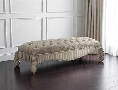 65" Ivory And Bone Tufted Damask Fabric Polyresin And Solid Wood Upholstered Bench