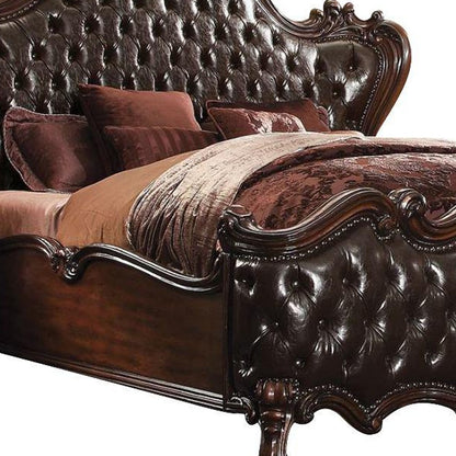 88" X 101" X 76" 2-Tone Dark Brown Pu Cherry Oak Wood Poly Resin Upholstery California King Bed