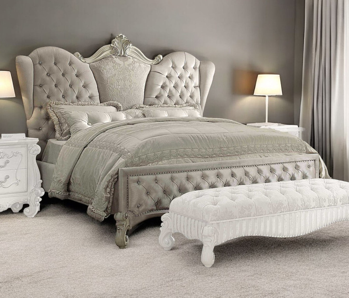 Ivory Solid Wood Tufted Upholstered Velvet Bed Frame