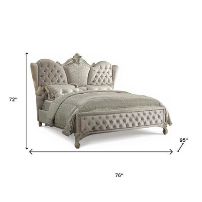 Ivory Solid Wood Queen Tufted Upholstered Velvet Bed Frame with Nailhead Trim