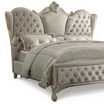 Ivory Solid Wood Queen Tufted Upholstered Velvet Bed Frame with Nailhead Trim