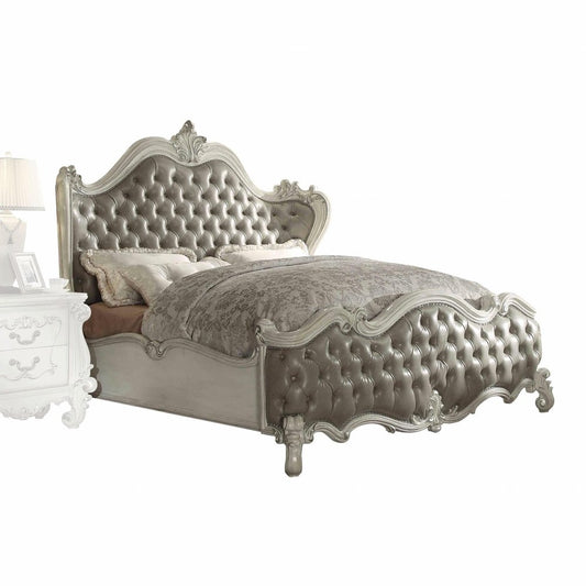 Gray and Bone Carved Scrollwork Solid Wood And Tufted Faux Leather Queen Bed Frame With Nailhead Trim