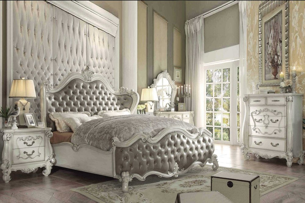 Gray and Bone Carved Scrollwork Solid Wood And Tufted Faux Leather Queen Bed Frame With Nailhead Trim