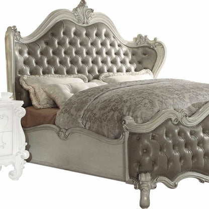 Gray and Bone Carved Scrollwork Solid Wood And Tufted Faux Leather Queen Bed Frame With Nailhead Trim