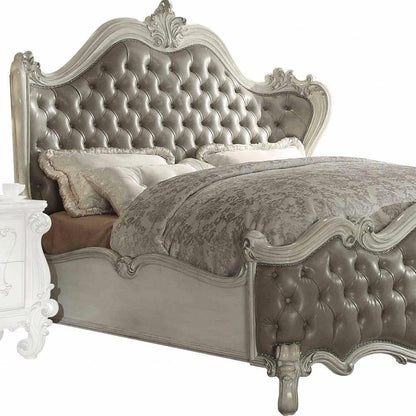 76" X 95" X 73" Vintage Gray Pu Bone White Wood Poly Resin Upholstery Queen Bed