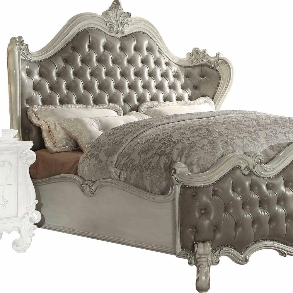 Gray and Bone Carved Scrollwork Solid Wood And Tufted Faux Leather Queen Bed Frame With Nailhead Trim