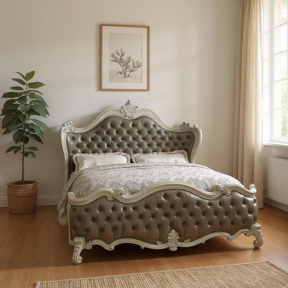 King Tufted Ivory And Gray Upholstered Faux Leather Bed With Nailhead Trim