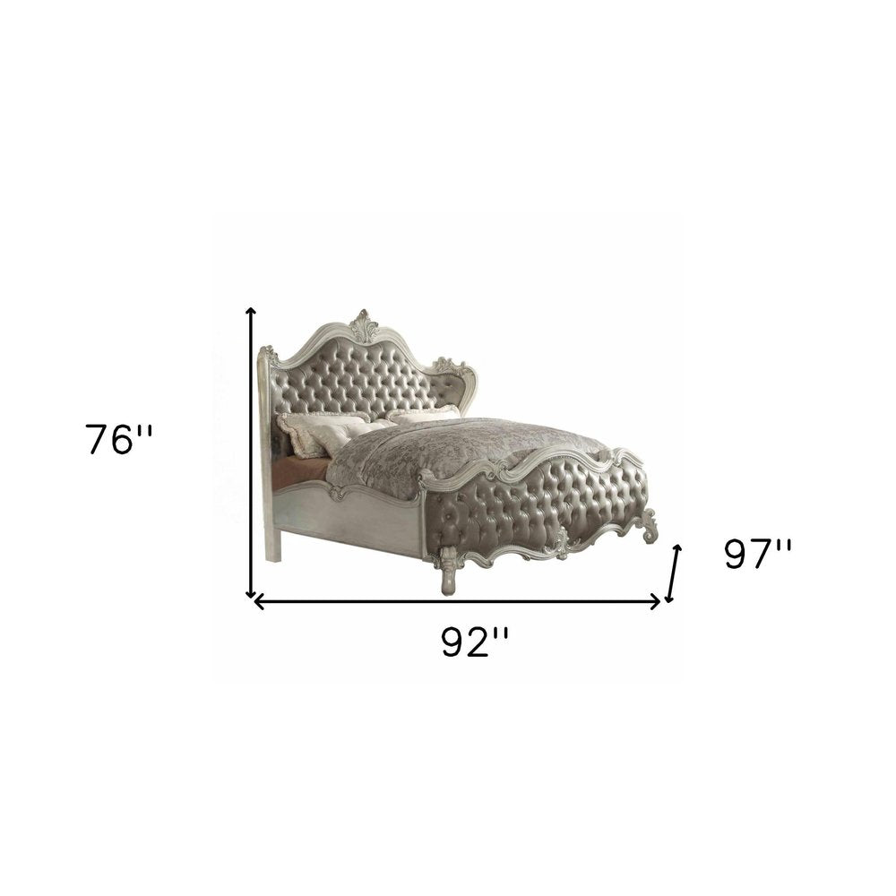 Gray and Bone Carved Scrollwork Solid Wood And Tufted Faux Leather Queen Bed Frame With Nailhead Trim