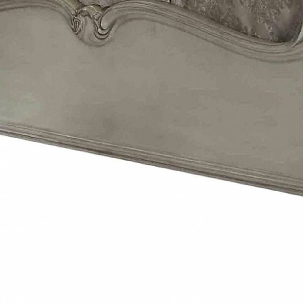 Gray and Bone Carved Scrollwork Solid Wood And Tufted Faux Leather Queen Bed Frame With Nailhead Trim
