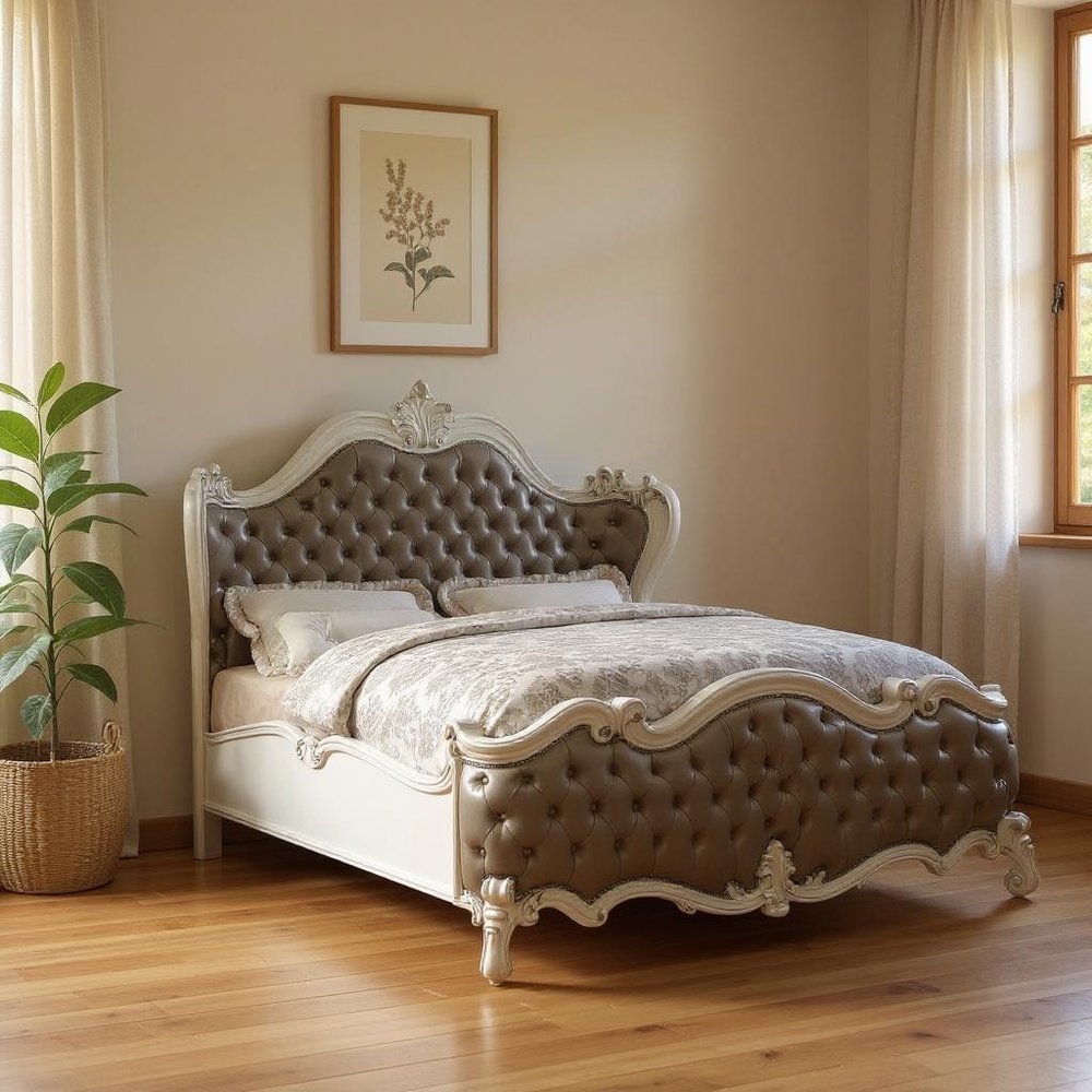 Gray and Bone Carved Scrollwork Solid Wood And Tufted Faux Leather Queen Bed Frame With Nailhead Trim