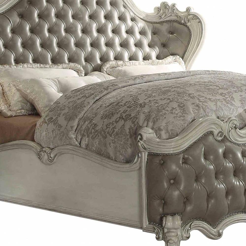 Gray and Bone Carved Scrollwork Solid Wood And Tufted Faux Leather Queen Bed Frame With Nailhead Trim