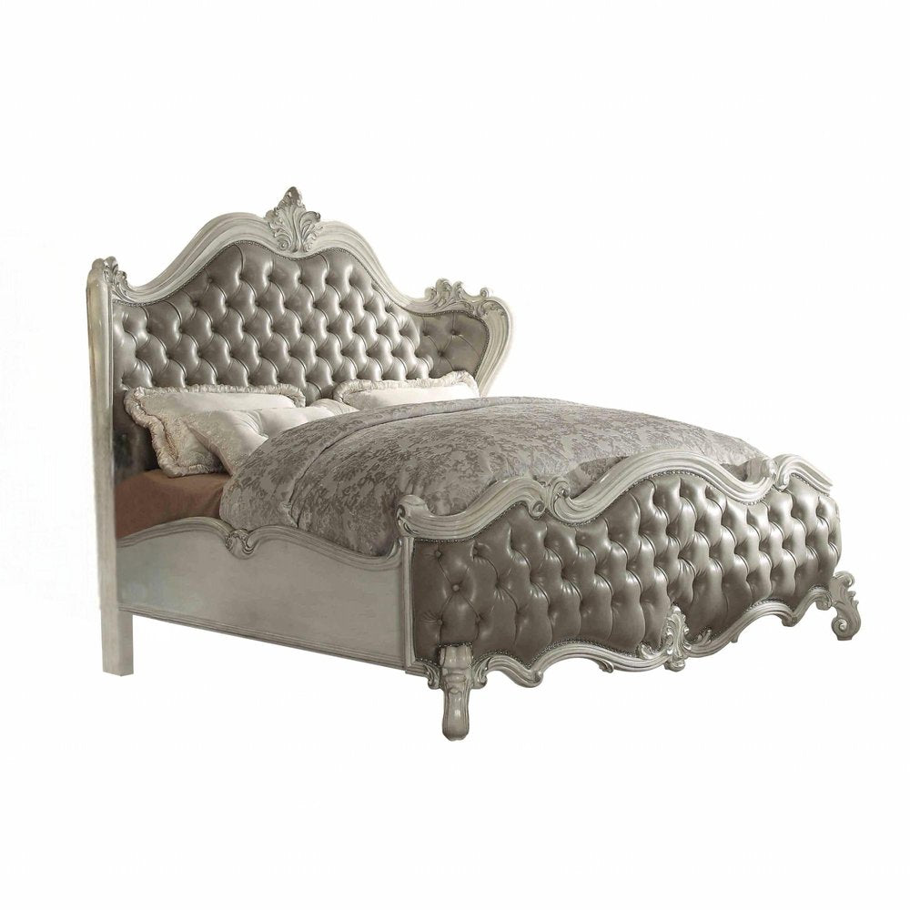 Gray and Bone Carved Scrollwork Solid Wood And Tufted Faux Leather Queen Bed Frame With Nailhead Trim