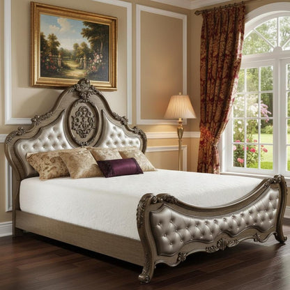 Oak and Bronze Solid Wood King Tufted Upholstered Faux Leather Bed Frame with Nailhead Trim