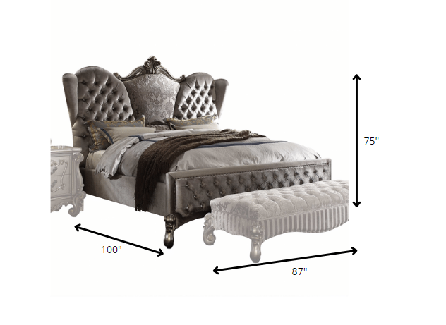 Gray Queen Tufted Upholstered Velvet Bed Frame with Nailhead Trim