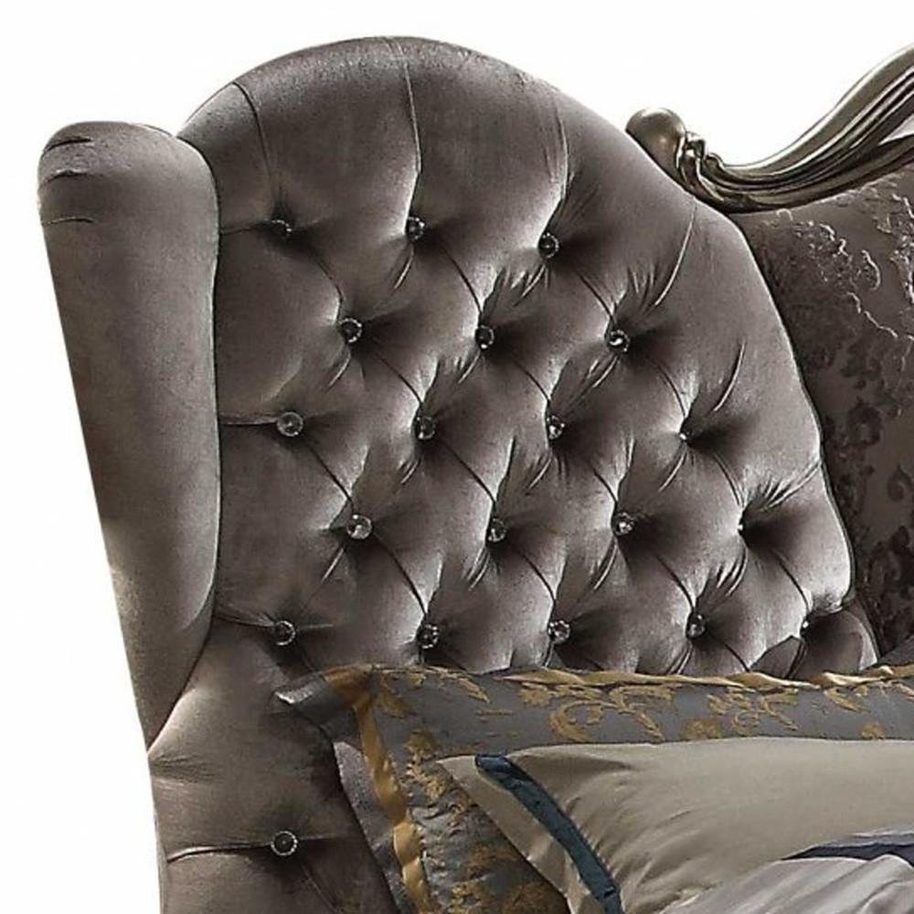 87" X 100" X 75" Velvet Antique Platinum Upholstery Poly Resin California King Bed