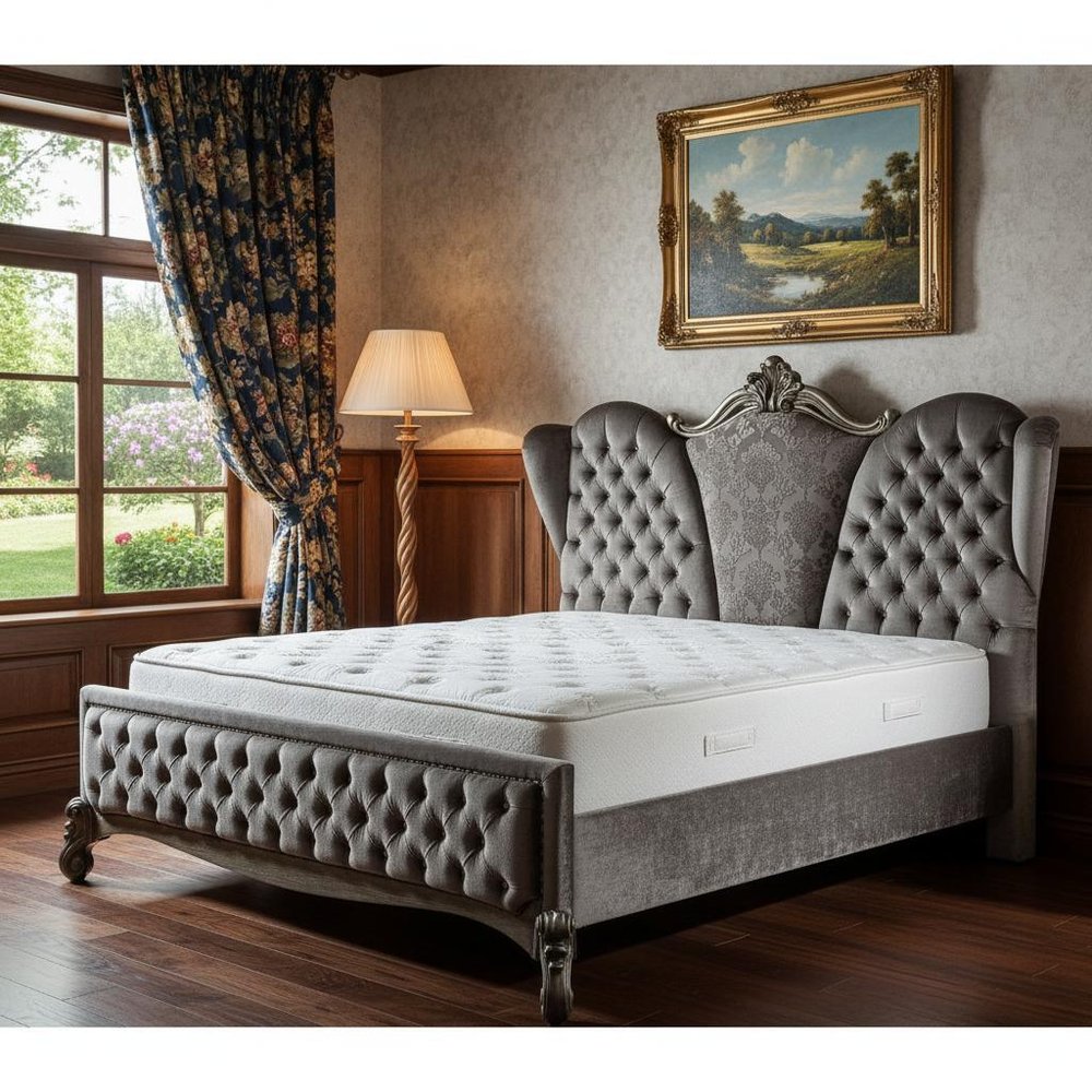 87" X 100" X 75" Velvet Antique Platinum Upholstery Poly Resin California King Bed