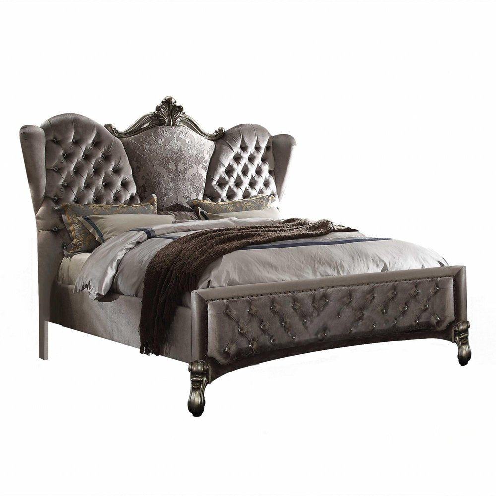 87" X 100" X 75" Velvet Antique Platinum Upholstery Poly Resin California King Bed