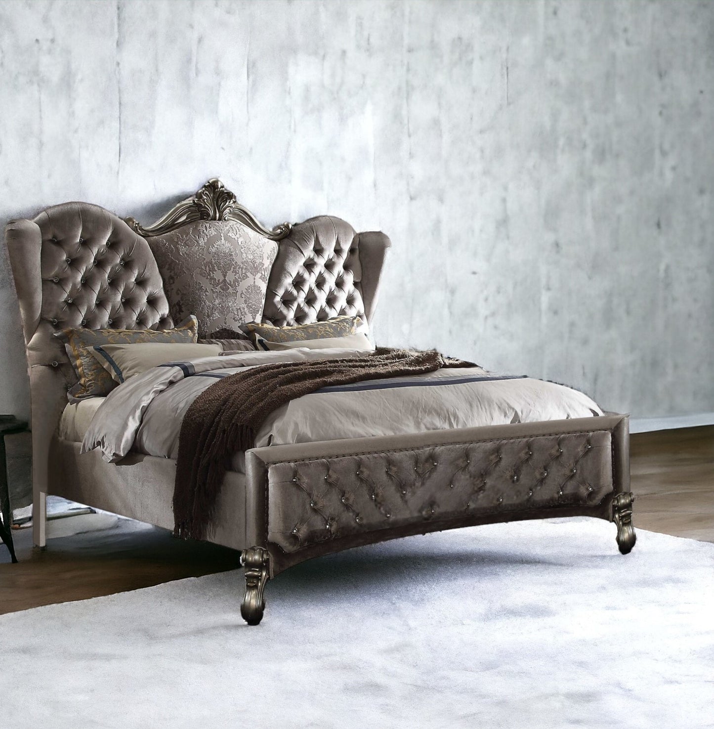 87" X 100" X 75" Velvet Antique Platinum Upholstery Poly Resin California King Bed