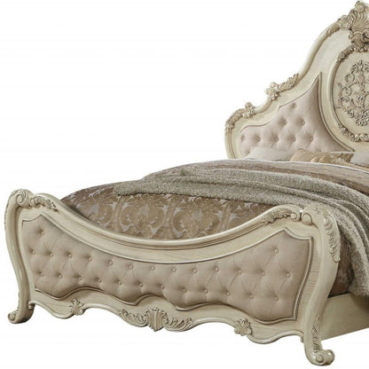 Antiqued White Solid Wood Tufted Upholstered Linen Bed Frame